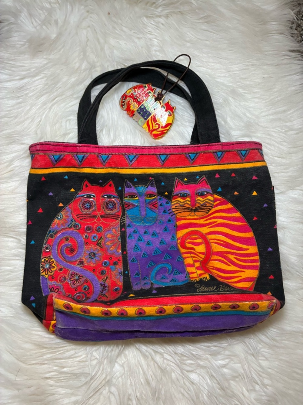 Laurel Burch Black Canvas Tote with Vibrant Red, Purple & Orange Cat Trio